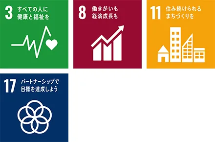 SDGs17の目標のアイコンのうち3、8、11、17